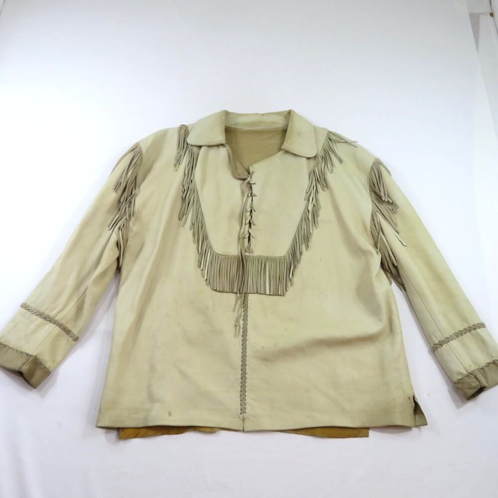 Leather Fringe Pull Over Ivory Jacket Coat Sz XL-2XL? Biker Western 1970s